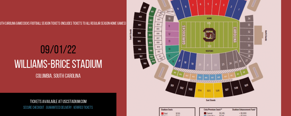 2022 South Carolina Gamecocks Football Season Tickets (Includes Tickets To All Regular Season Home Games) at Williams-Brice Stadium